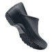 A black Shoes For Crews clogger shoe with rubber soles.