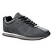 A pair of black Shoes For Crews women's athletic shoes with laces on a white background.