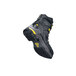 A black work boot with yellow accents on the laces and sole.