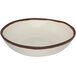 A white melamine salad bowl with brown trim.