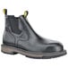 a black leather boot with yellow sole