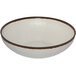 A white melamine bowl with a brown rim.