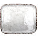 A white rectangular melamine platter with a brown French Mill design.