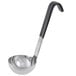 A silver ladle with a black Kool-Touch handle.