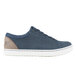 A blue and taupe Mozo women's shoe with a white sole.