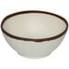 A white melamine bowl with brown trim.