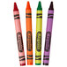 A yellow Crayola cello wrap with a black logo and the number 4. A group of Crayola crayon packs with different colored crayons.