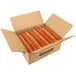 A white cardboard box filled with orange Crayola crayons.