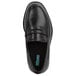A close-up of a black SR Max penny loafer with green detailing.