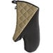 A brown and black San Jamar oven mitt.