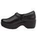 A black leather slip-on shoe with a rubber sole.