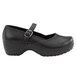 A black leather women's mary-jane shoe with a strap and buckle.