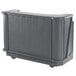 A granite gray plastic Cambro portable bar with wheels.