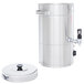 A silver stainless steel Grindmaster hot water boiler with a lid.
