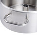 A close-up of a Robot Coupe stainless steel bowl with a handle and a lid.