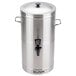 A silver metal Bunn 3 gallon iced tea dispenser with a black lid.