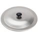 A silver lid with a black handle.