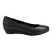 A black women's soft toe non-slip pump dress shoe with a low wedge heel.