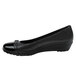 A black leather SR Max Isabella pump with a shiny toe and bow.