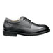 A black men's oxford dress shoe with a soft toe, non-slip sole, and extra wide width.