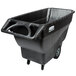 A black Rubbermaid heavy-duty wheeled trash cart with a hinged dome lid.