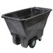 A black Rubbermaid tilt truck with wheels.