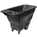 A black Rubbermaid trash cart with wheels.