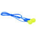 A pair of 3M E-A-R Push-Ins earplugs with yellow and blue cords.