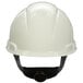 A white 3M hard hat with a black suspension strap.