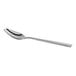 A Fortessa 18/10 stainless steel soup/dessert spoon with a long handle.