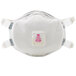 A white 3M face mask with a white label and pink valve.