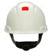 A white 3M hard hat with a red UVicator label.