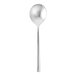 A close-up of a Fortessa Arezzo stainless steel bouillon spoon with a long handle.