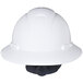 A white 3M full brim hard hat with a black circle.