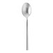 A close-up of a Fortessa Arezzo stainless steel demitasse spoon.