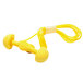 A yellow plastic clip with yellow E-A-R Pod Plugs on a white cord.