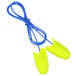 A pair of yellow 3M E-A-Rsoft Grippers corded foam earplugs with blue cords.