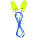 A pair of yellow 3M E-A-Rsoft Grippers earplugs with a blue cord.