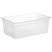 A Cambro translucent polypropylene food pan with a lid.