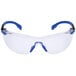 3M Solus safety glasses with blue and black frames and clear lenses.