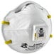 A 3M white N95 respirator face mask with yellow straps.