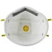 A 3M white N95 face mask with yellow straps.