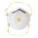 A white N95 particulate respirator mask with yellow straps and a central exhalation valve.
