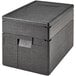 A black Cambro Cam GoBox top-loading food pan carrier with a lid.