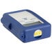 A blue and white Comark KM28B thermocouple thermometer in a protective rubber boot.