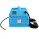A blue plastic container with a black cord and a blue plastic box with a black hose inside.