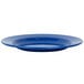 A close-up of a Crow Canyon Home Stinson medium blue enamelware plate with speckles on the rim.