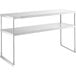 A stainless steel Avantco double deck overshelf with metal legs.