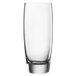 A close up of a Luigi Bormioli clear beverage glass with a rim.