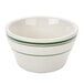 A white Tuxton bouillon cup with green stripes.